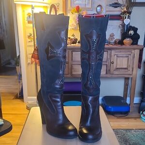 MIA Black and Brown Heeled Boots with Studded Design